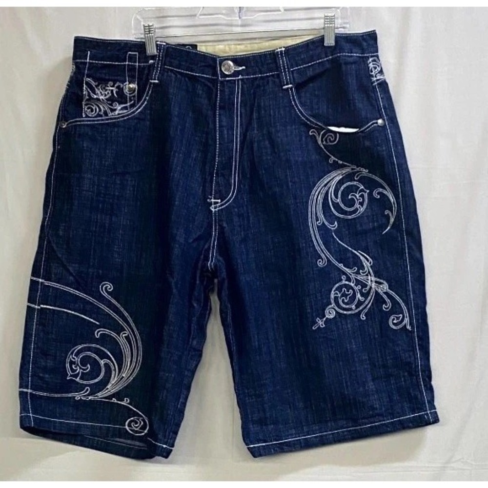 Vintage Y2K Delf Shorts Mens 40x14.5 Blue Denim Cotton Embroidered Streetwear